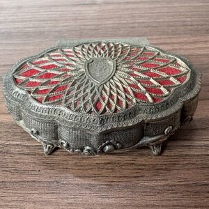 Vintage Silver Tone Metal Filagree Shield Red Velvet‎ Trinket Jewelry Box Japan